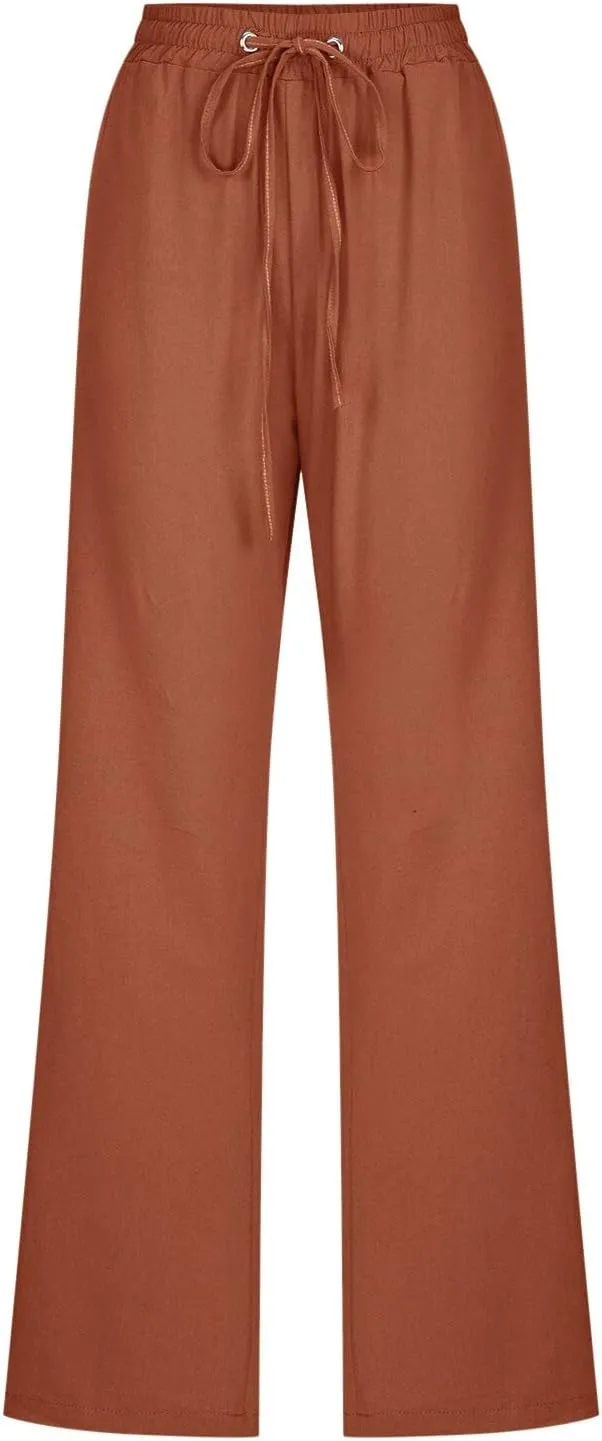 Linen Pants for Women Straight Leg Drawstring Waist Casual Pants Long Solid Summer Baggy Comfy Trousers with Pockets