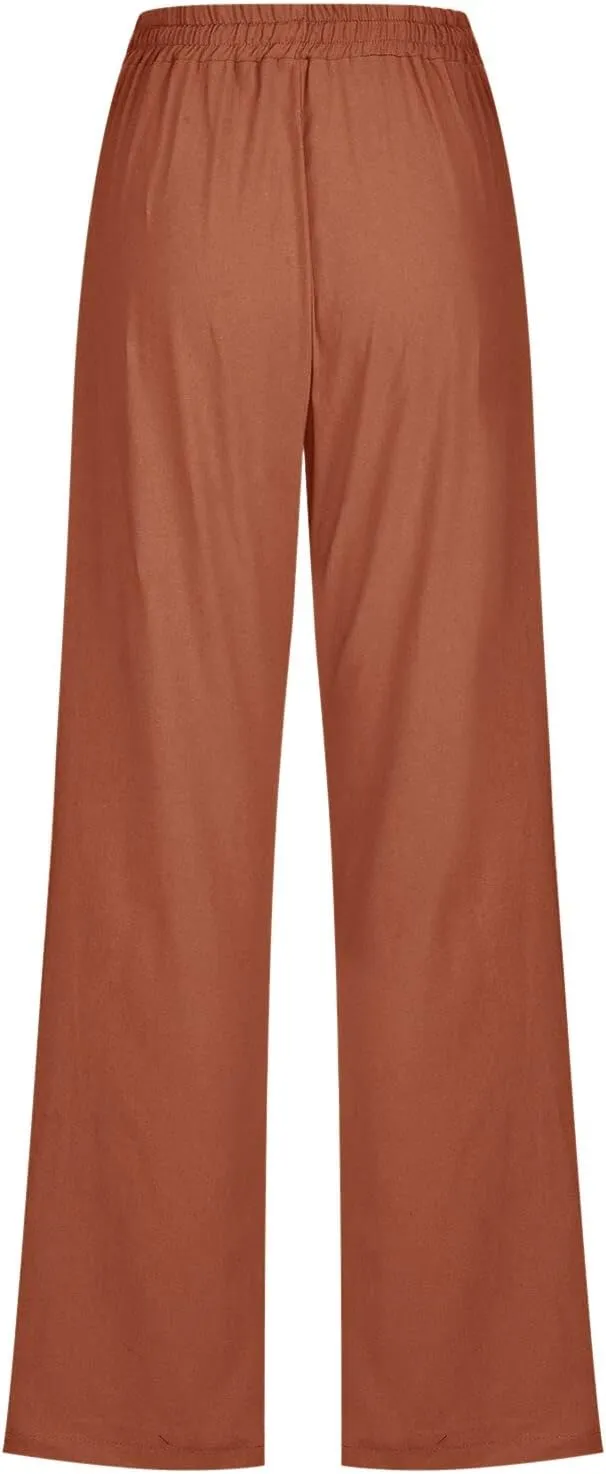 Linen Pants for Women Straight Leg Drawstring Waist Casual Pants Long Solid Summer Baggy Comfy Trousers with Pockets