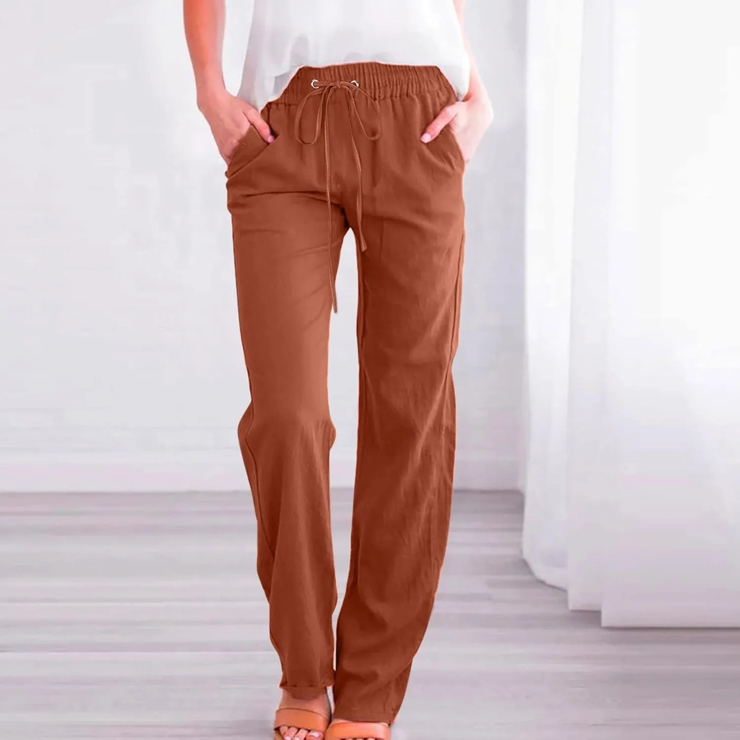 Linen Pants for Women Straight Leg Drawstring Waist Casual Pants Long Solid Summer Baggy Comfy Trousers with Pockets