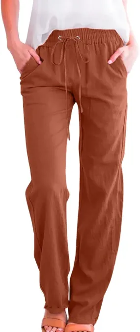 Linen Pants for Women Straight Leg Drawstring Waist Casual Pants Long Solid Summer Baggy Comfy Trousers with Pockets