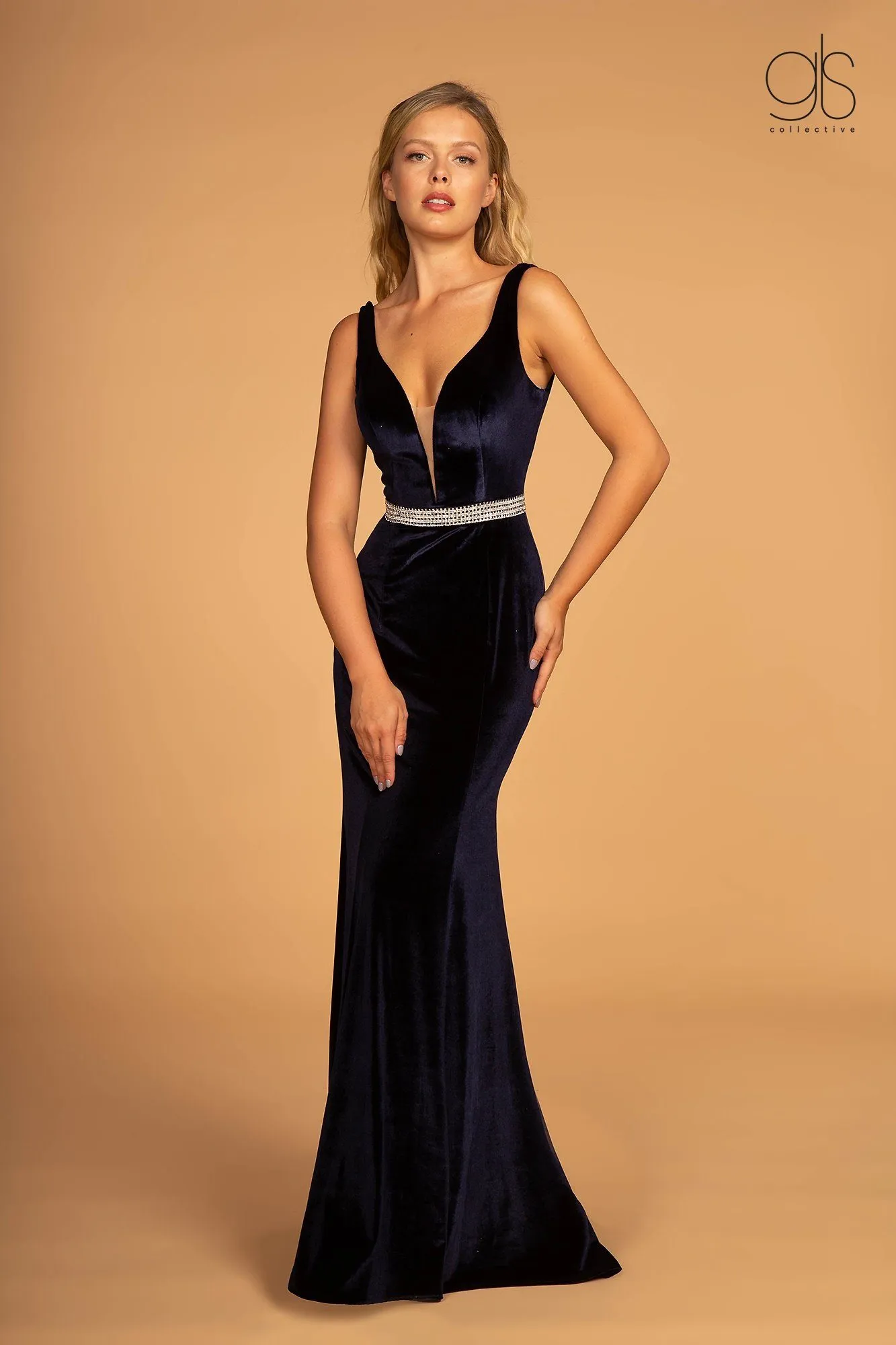 Long V-Neck Velvet Dress with Open Back by Elizabeth K GL2559