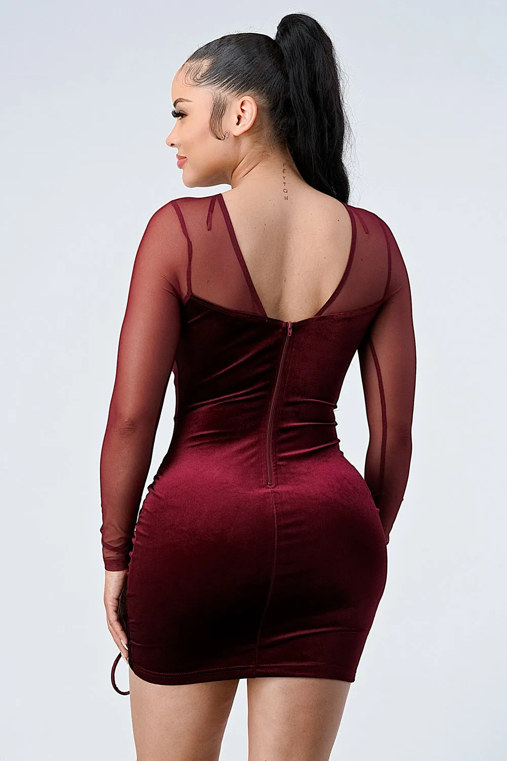 LUX SHINY VELVET MESH SLEEVES KNOT RUCHED DRESS