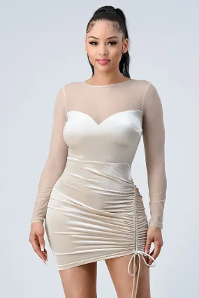 LUX SHINY VELVET MESH SLEEVES KNOT RUCHED DRESS