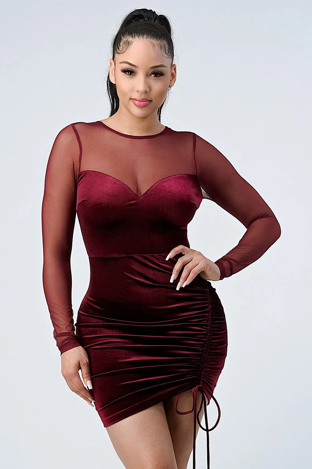 LUX SHINY VELVET MESH SLEEVES KNOT RUCHED DRESS