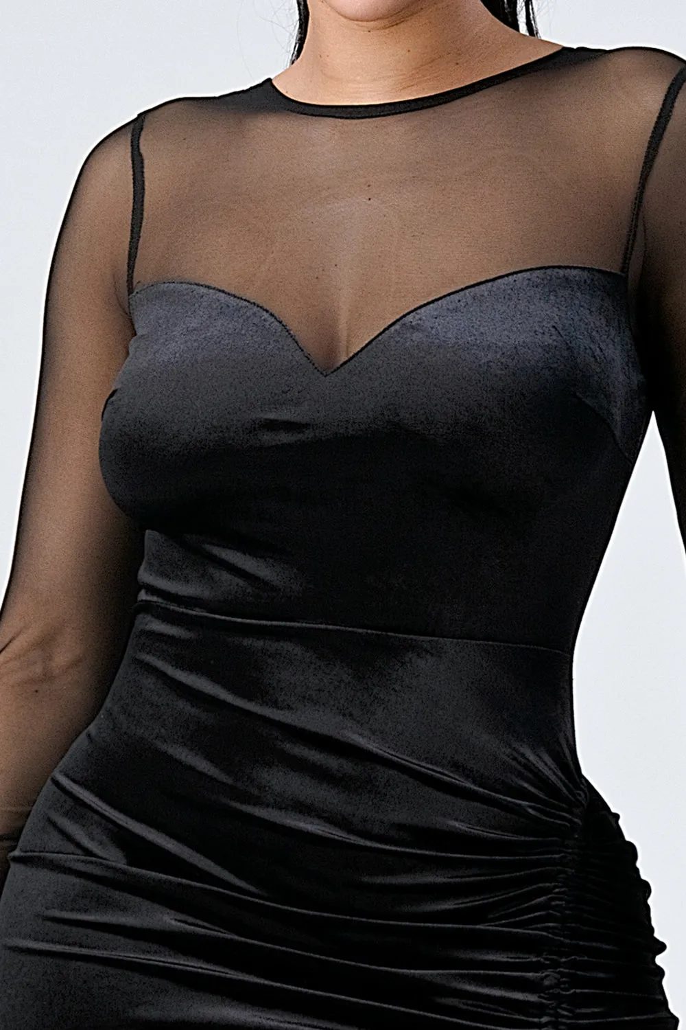LUX SHINY VELVET MESH SLEEVES KNOT RUCHED DRESS