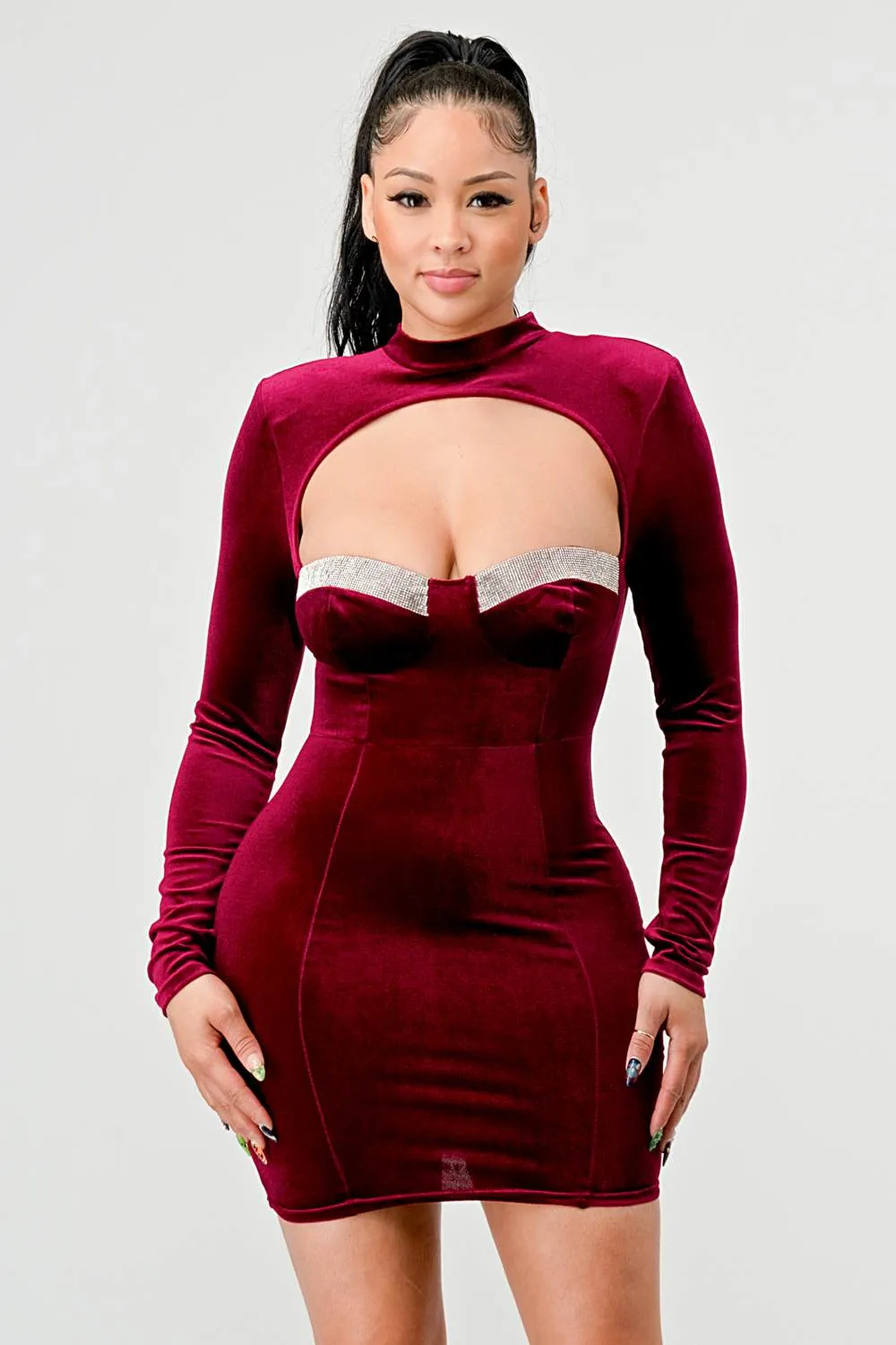 LUX VELVET RHINESTONE SWEETHEART CUTOUT MINI DRESS