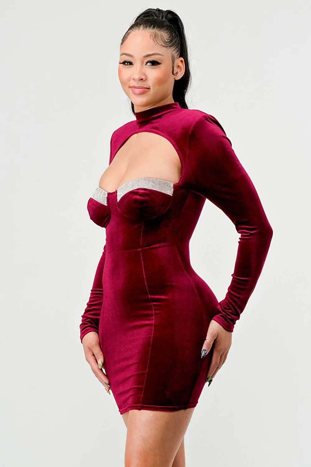 LUX VELVET RHINESTONE SWEETHEART CUTOUT MINI DRESS