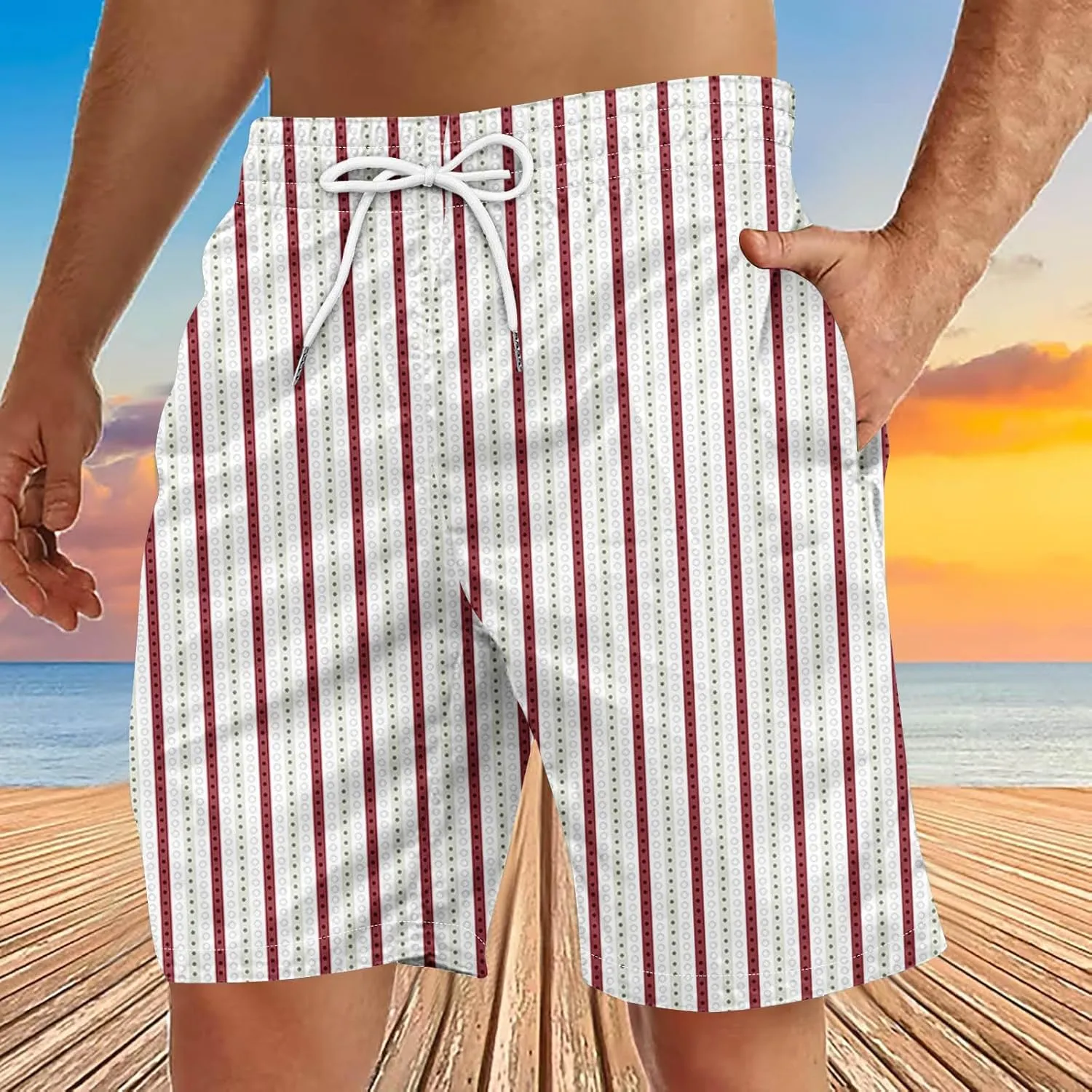 Man Beach Shorts Pants Shorts for Man Loose Fit Hawaiian Pleated Striped Tropical Straight Leg Fall Summer 2025