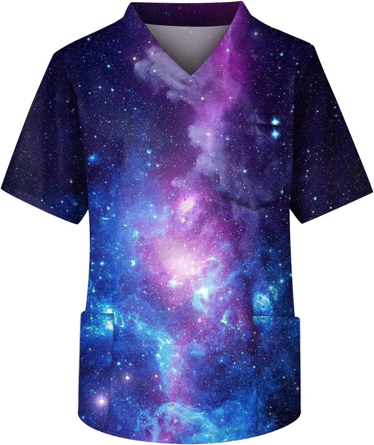 Men Plus Size Scrub Tops Short Sleeve V-Neck Starry Sky Galaxy Print Working Nurse Doctor Uniforms with Pockets