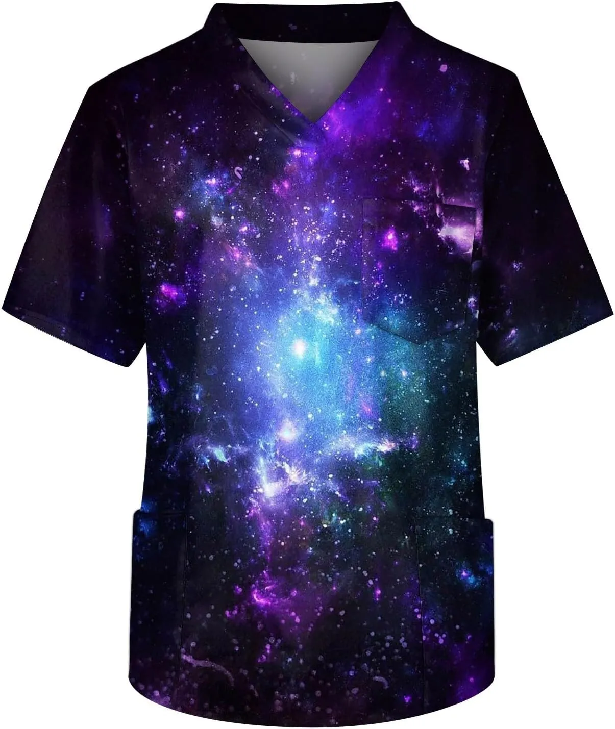 Men Plus Size Scrub Tops Short Sleeve V-Neck Starry Sky Galaxy Print Working Nurse Doctor Uniforms with Pockets