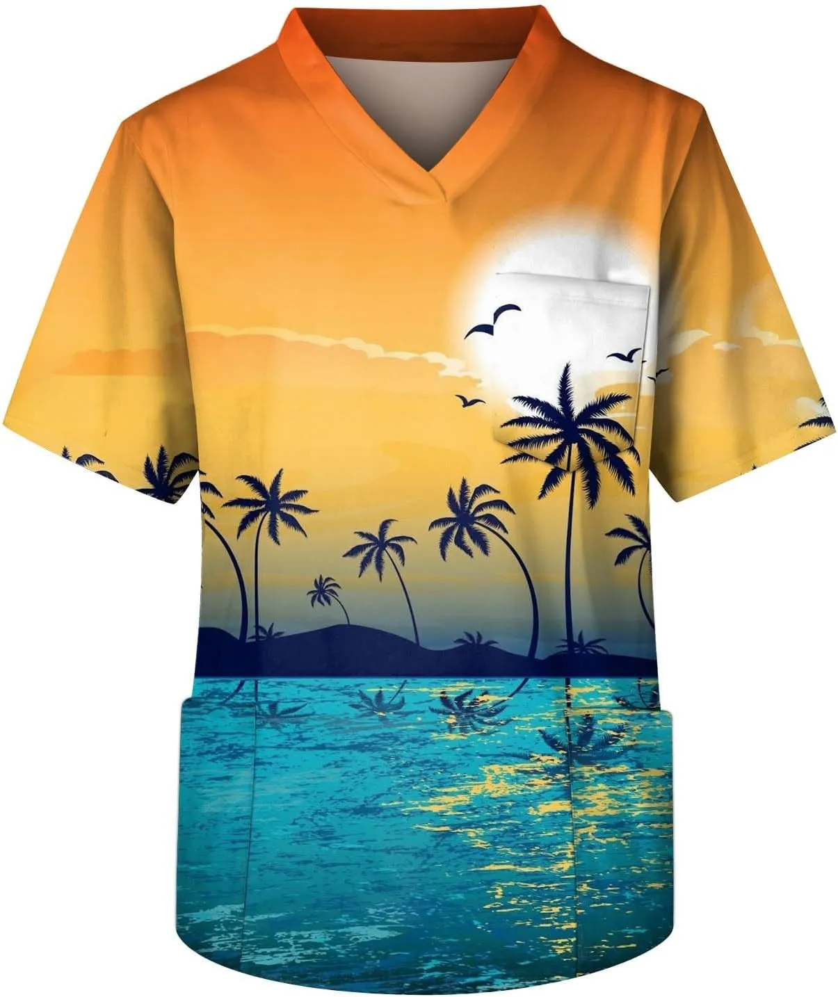 Men's Medical Scrub Top Plus Size Short Sleeve V-Ncek Hawaii Printed Working Nurse Doctor Unifroms with Pocket