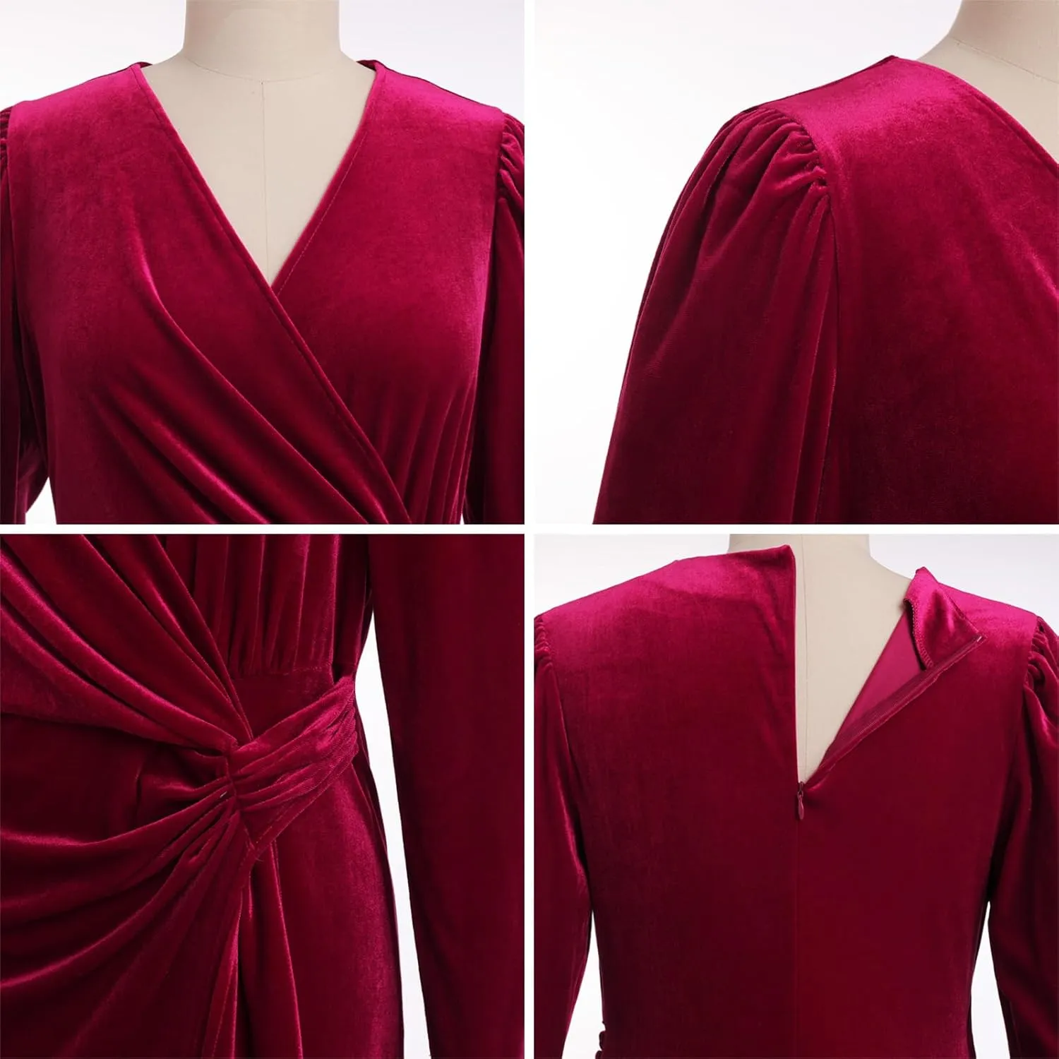 OBEEII Women's V Neck Wrap Velvet Dress Long Sleeve Elegant Ruched Bodycon Cocktail Party Fall Wedding Guest Dresses