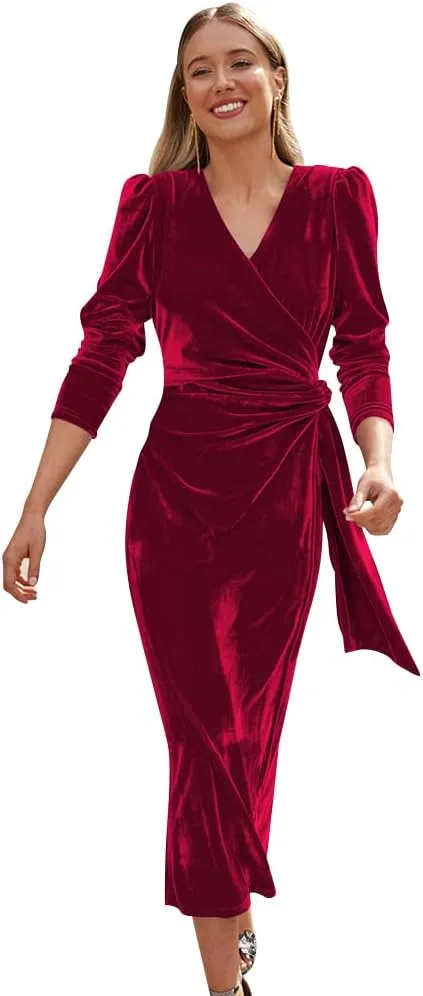 OBEEII Women's V Neck Wrap Velvet Dress Long Sleeve Elegant Ruched Bodycon Cocktail Party Fall Wedding Guest Dresses