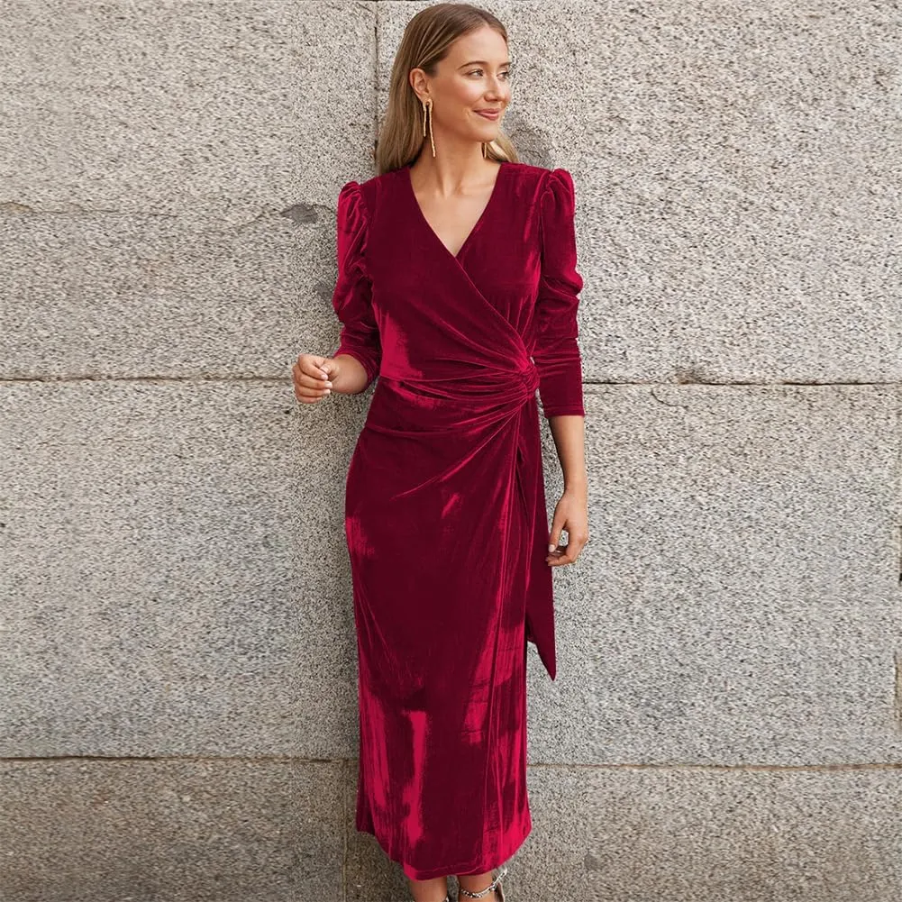 OBEEII Women's V Neck Wrap Velvet Dress Long Sleeve Elegant Ruched Bodycon Cocktail Party Fall Wedding Guest Dresses