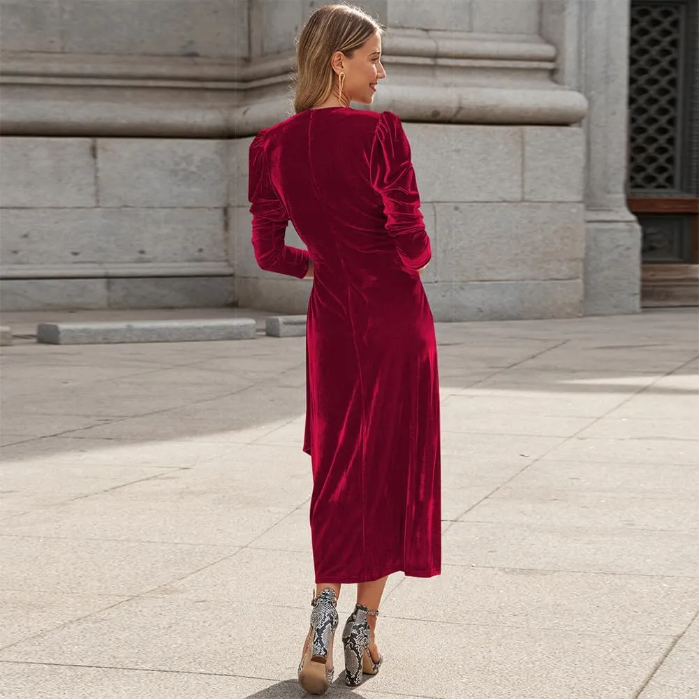 OBEEII Women's V Neck Wrap Velvet Dress Long Sleeve Elegant Ruched Bodycon Cocktail Party Fall Wedding Guest Dresses