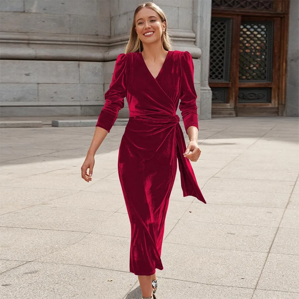 OBEEII Women's V Neck Wrap Velvet Dress Long Sleeve Elegant Ruched Bodycon Cocktail Party Fall Wedding Guest Dresses