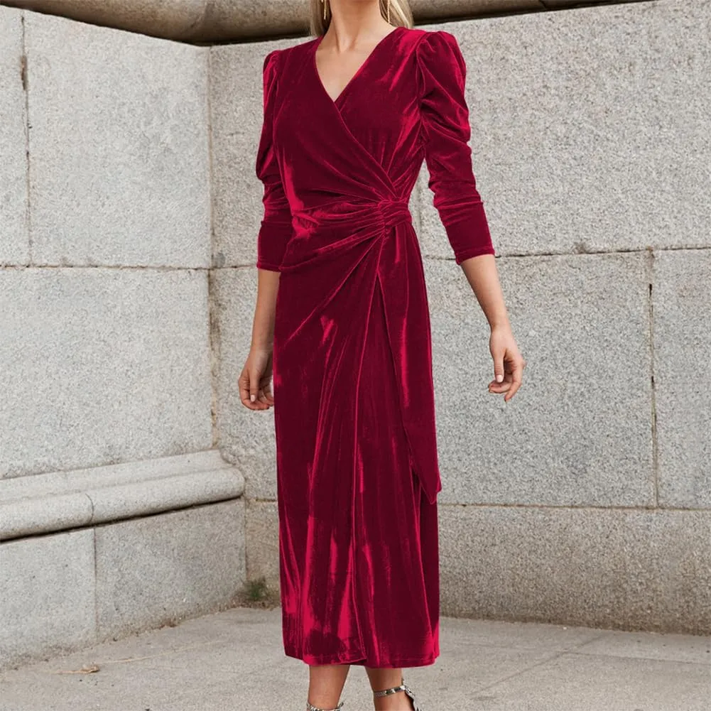 OBEEII Women's V Neck Wrap Velvet Dress Long Sleeve Elegant Ruched Bodycon Cocktail Party Fall Wedding Guest Dresses