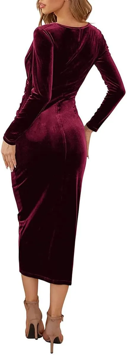 OBEEII Womens Velvet Dress Long Sleeve V Neck Ruched Bodycon Wrap Dress Evening Party Wedding Guest Formal Long Dresses