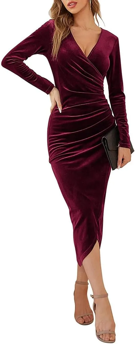 OBEEII Womens Velvet Dress Long Sleeve V Neck Ruched Bodycon Wrap Dress Evening Party Wedding Guest Formal Long Dresses