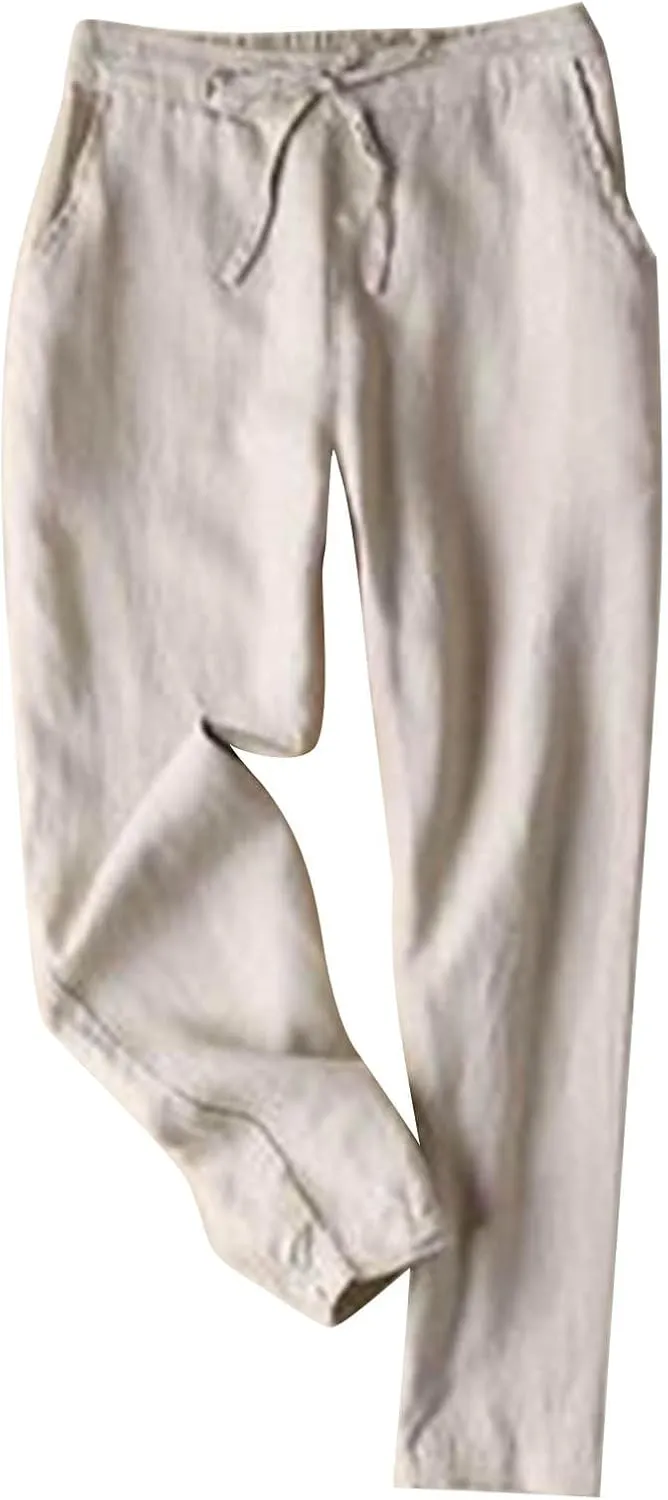 Petite Linen Pants for Women Elastic Waist Straight Leg Pants Solid Color Front Tie Casual Pants Spring/Summer Pants
