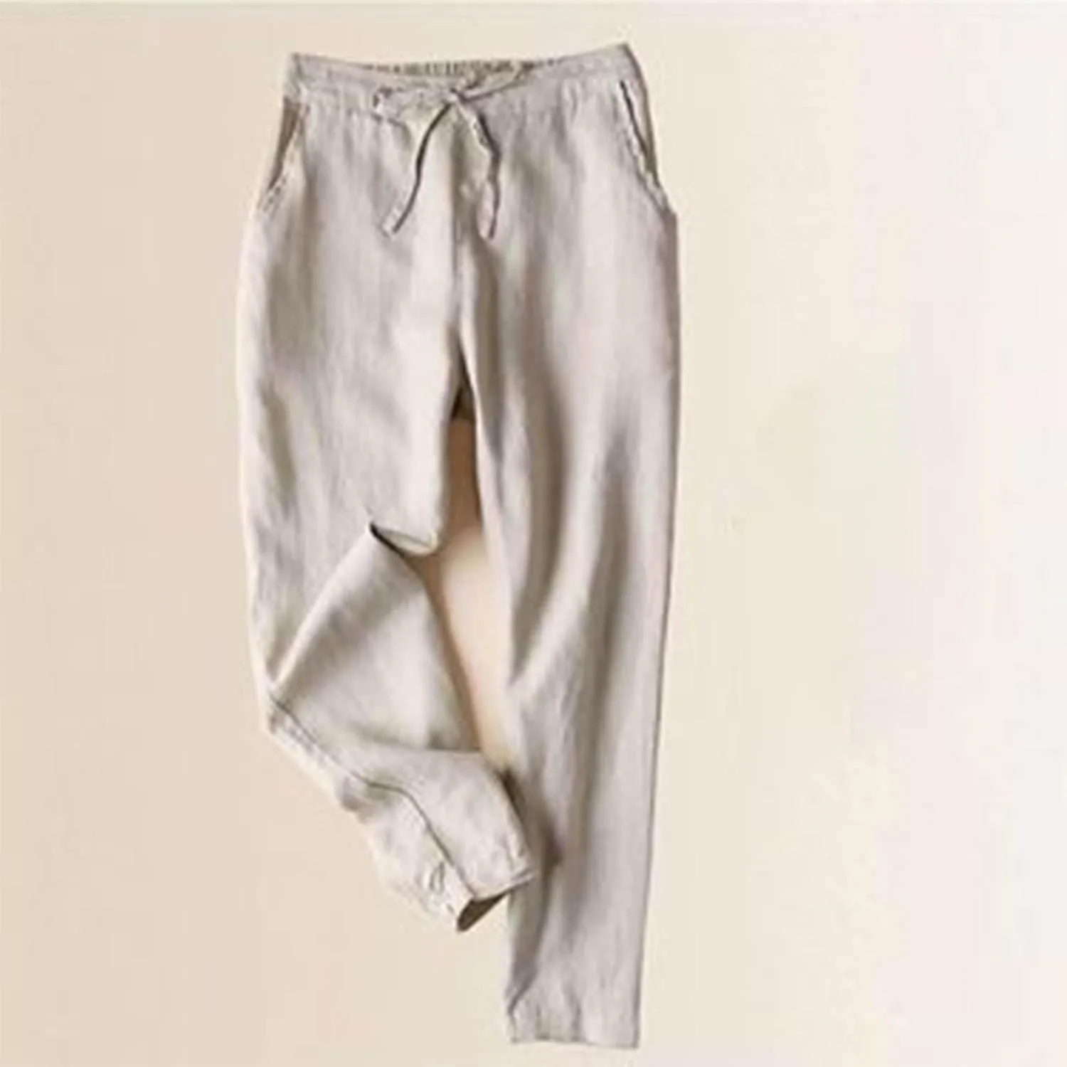 Petite Linen Pants for Women Elastic Waist Straight Leg Pants Solid Color Front Tie Casual Pants Spring/Summer Pants