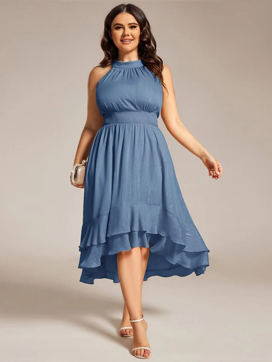 Plus Size Glittery Sleeveless Halter Neck Midi Wedding Guest Dress