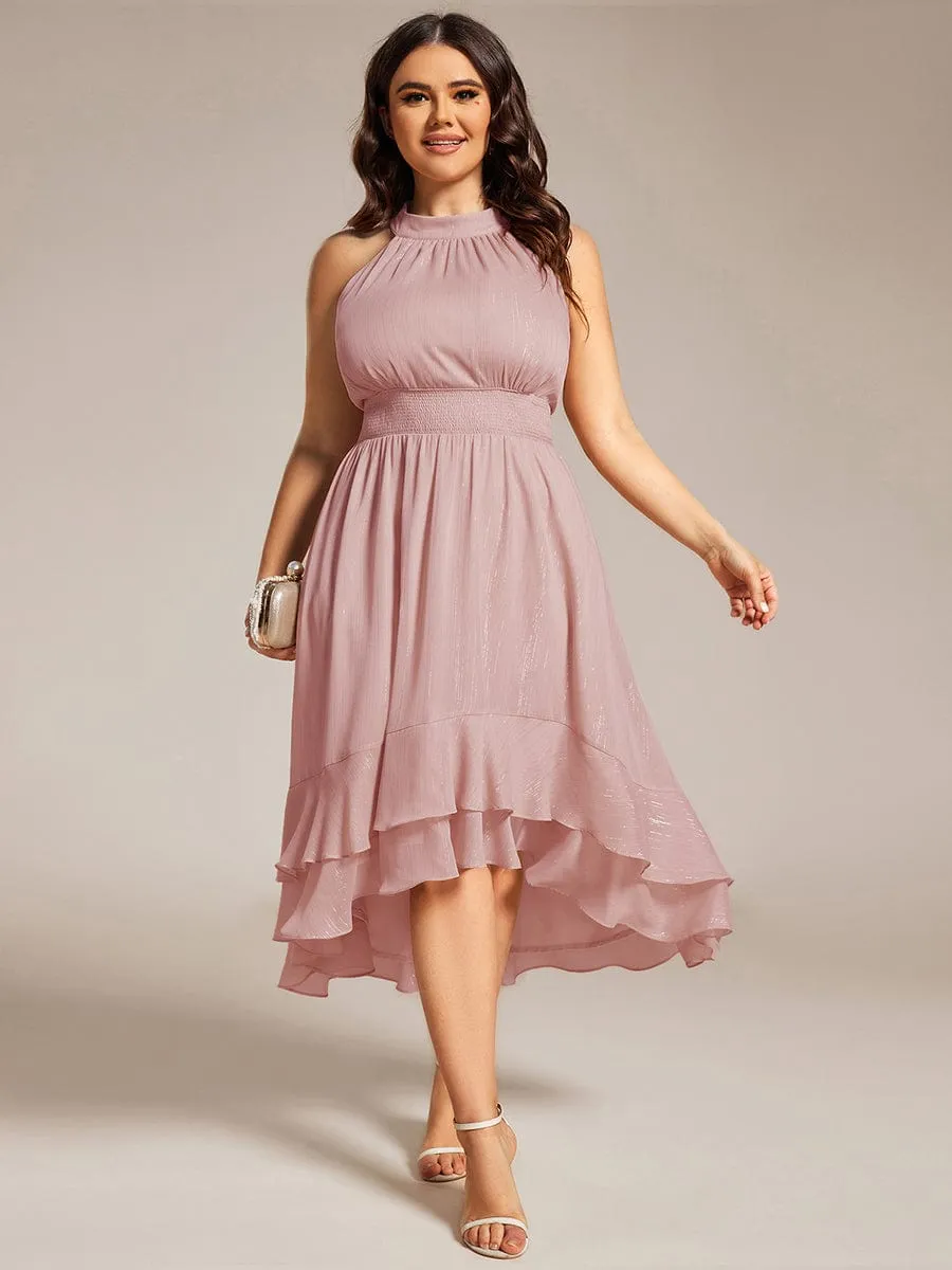 Plus Size Glittery Sleeveless Halter Neck Midi Wedding Guest Dress