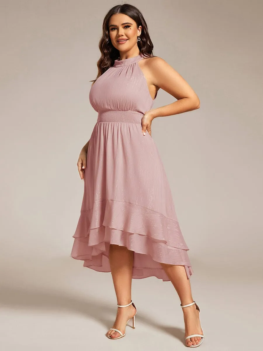 Plus Size Glittery Sleeveless Halter Neck Midi Wedding Guest Dress