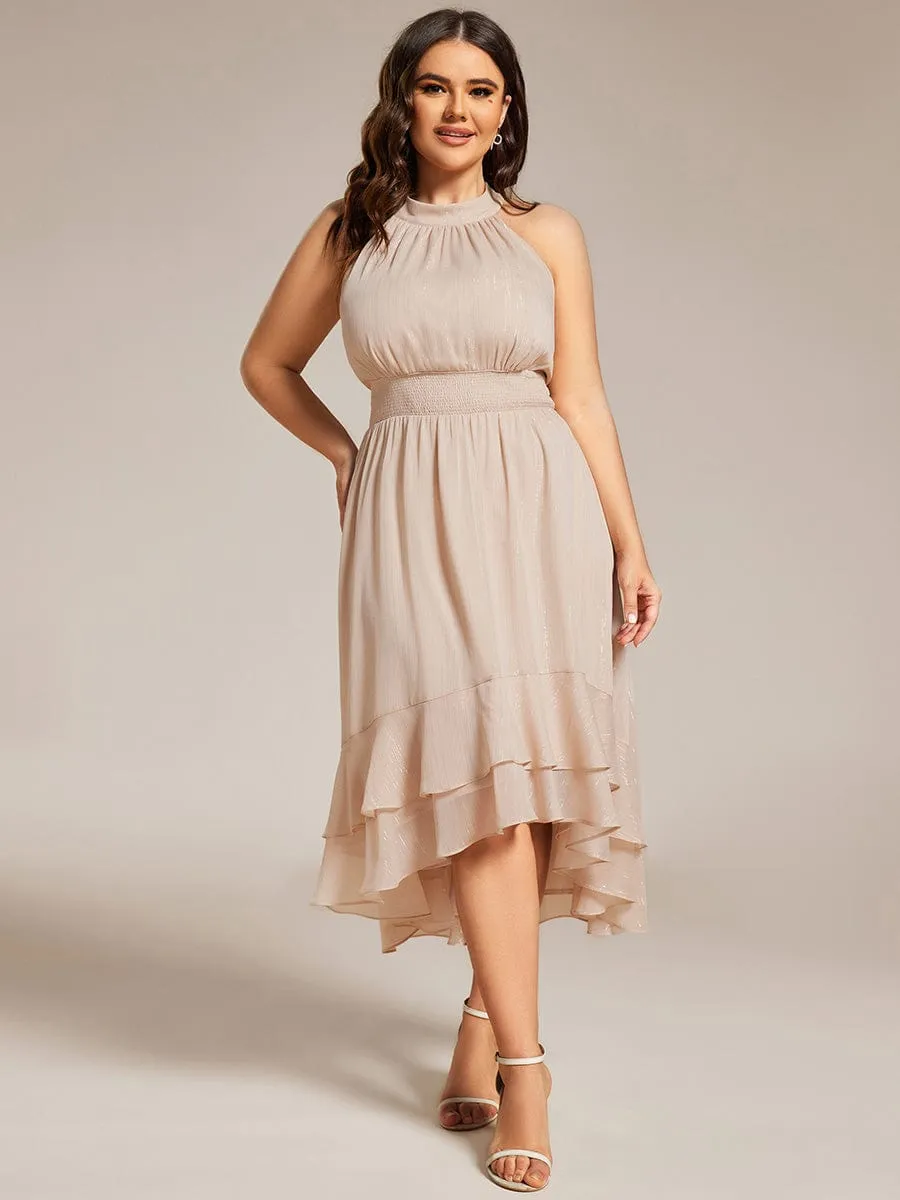 Plus Size Glittery Sleeveless Halter Neck Midi Wedding Guest Dress