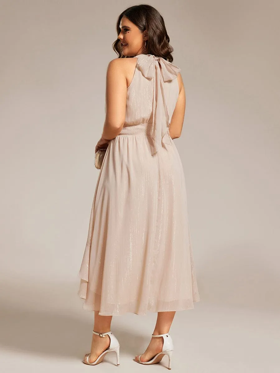 Plus Size Glittery Sleeveless Halter Neck Midi Wedding Guest Dress