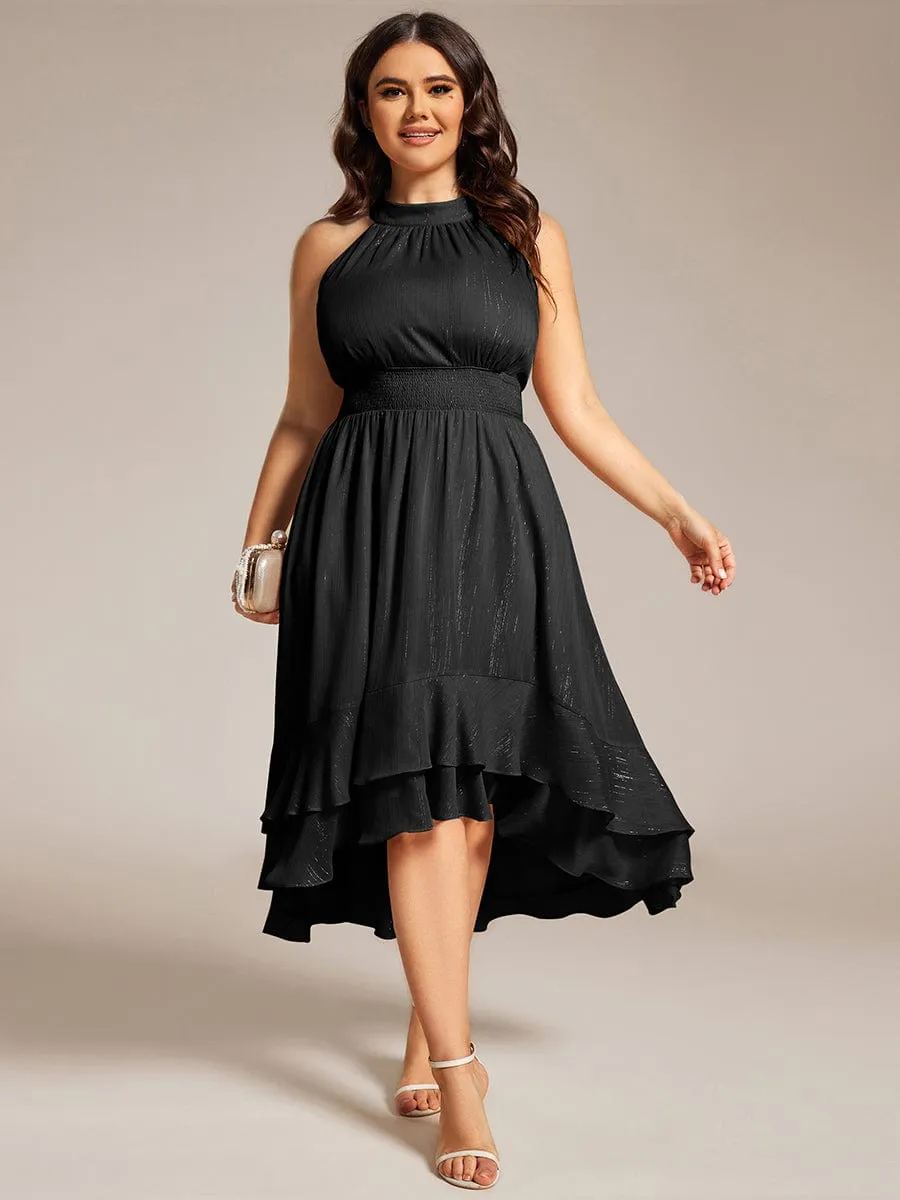 Plus Size Glittery Sleeveless Halter Neck Midi Wedding Guest Dress
