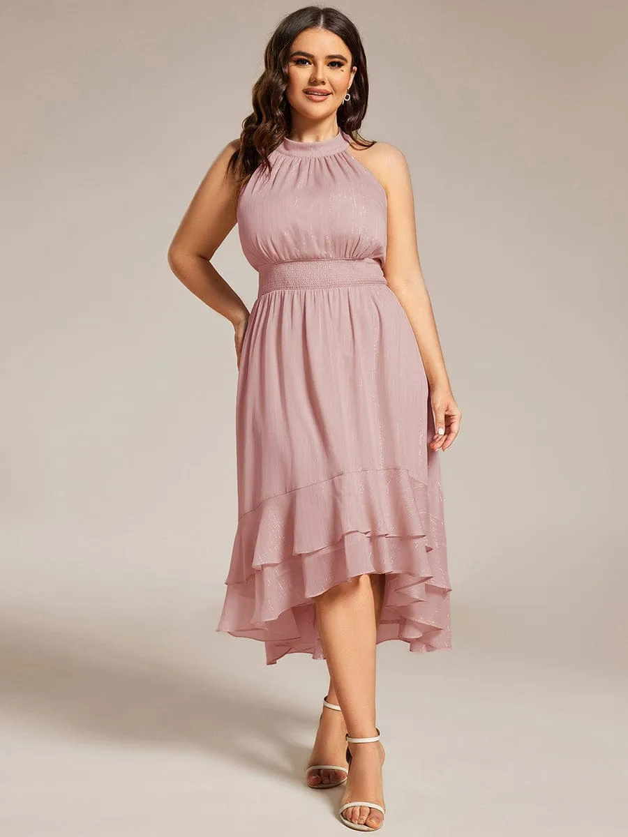 Plus Size Glittery Sleeveless Halter Neck Midi Wedding Guest Dress