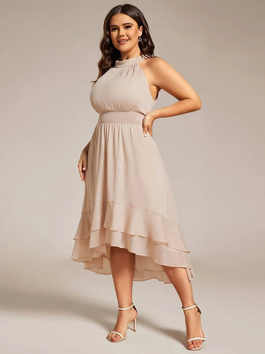 Plus Size Glittery Sleeveless Halter Neck Midi Wedding Guest Dress