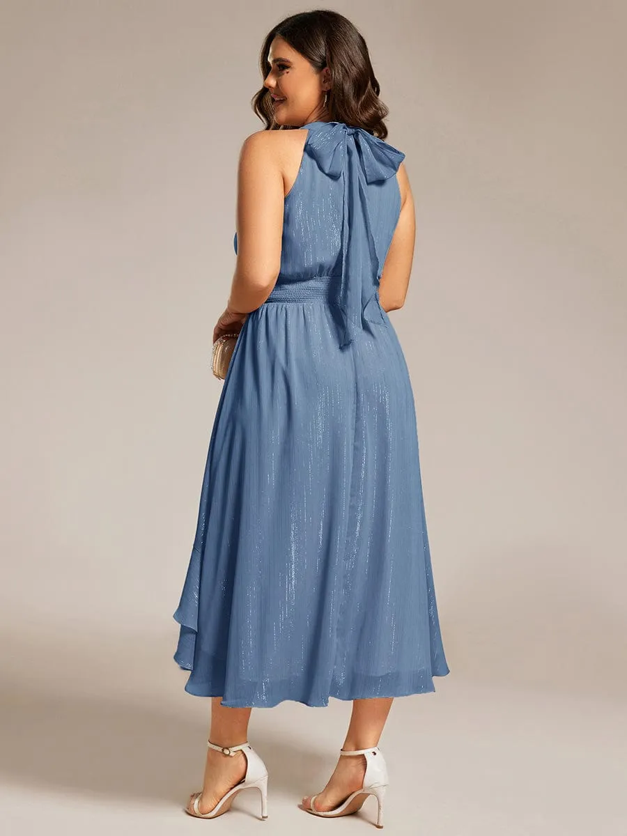 Plus Size Glittery Sleeveless Halter Neck Midi Wedding Guest Dress