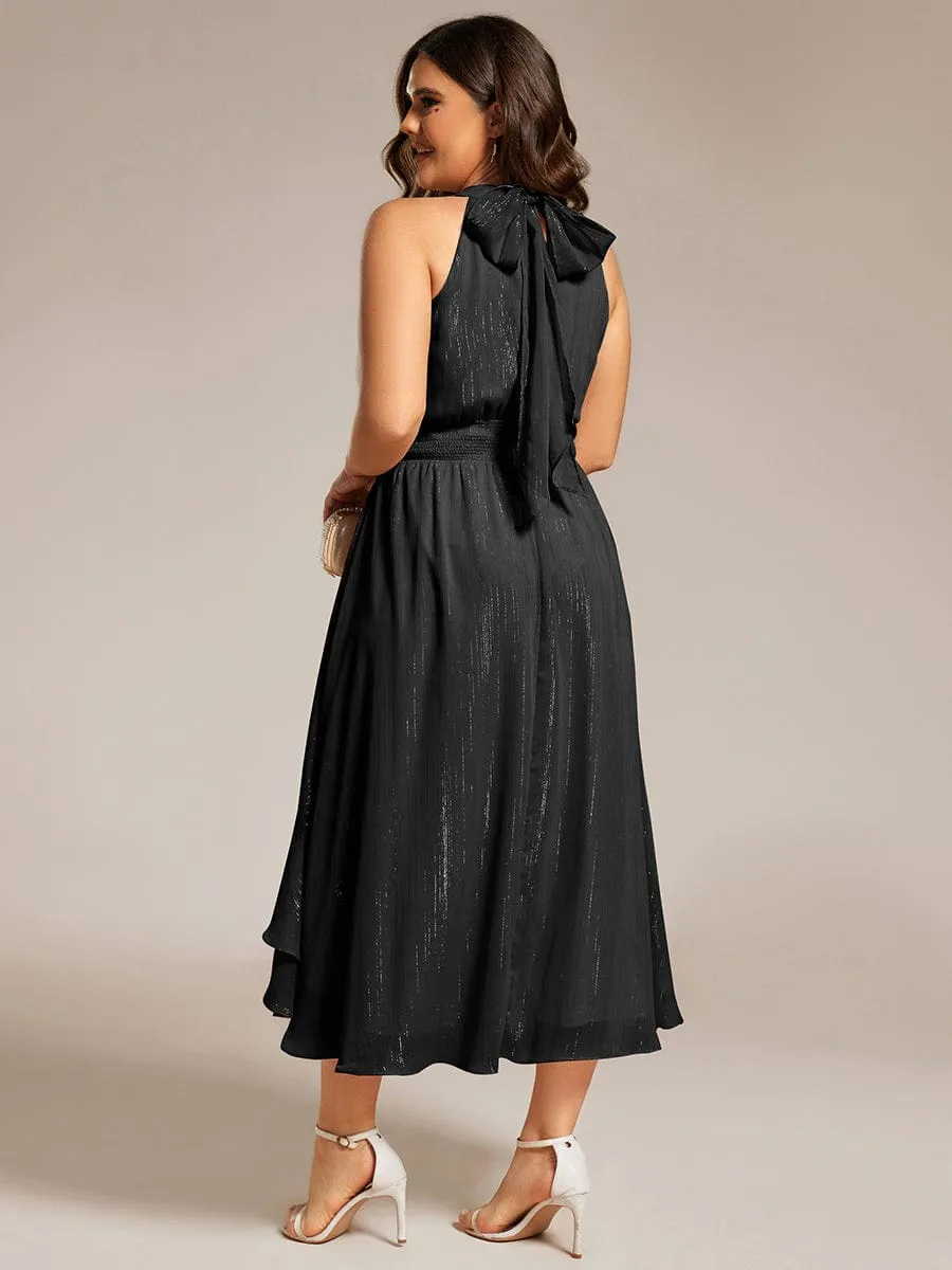 Plus Size Glittery Sleeveless Halter Neck Midi Wedding Guest Dress