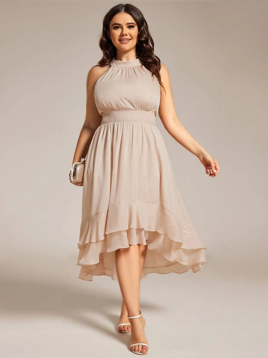 Plus Size Glittery Sleeveless Halter Neck Midi Wedding Guest Dress