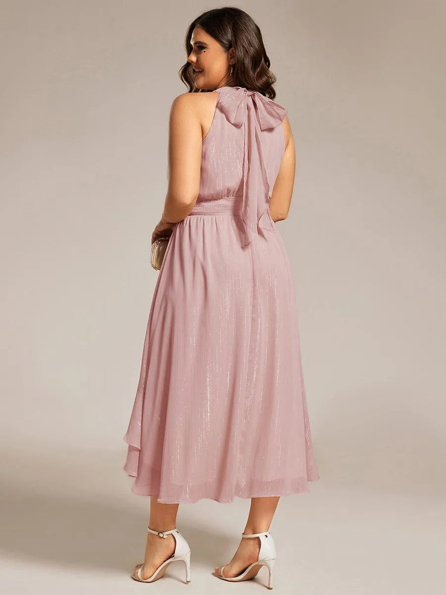 Plus Size Glittery Sleeveless Halter Neck Midi Wedding Guest Dress