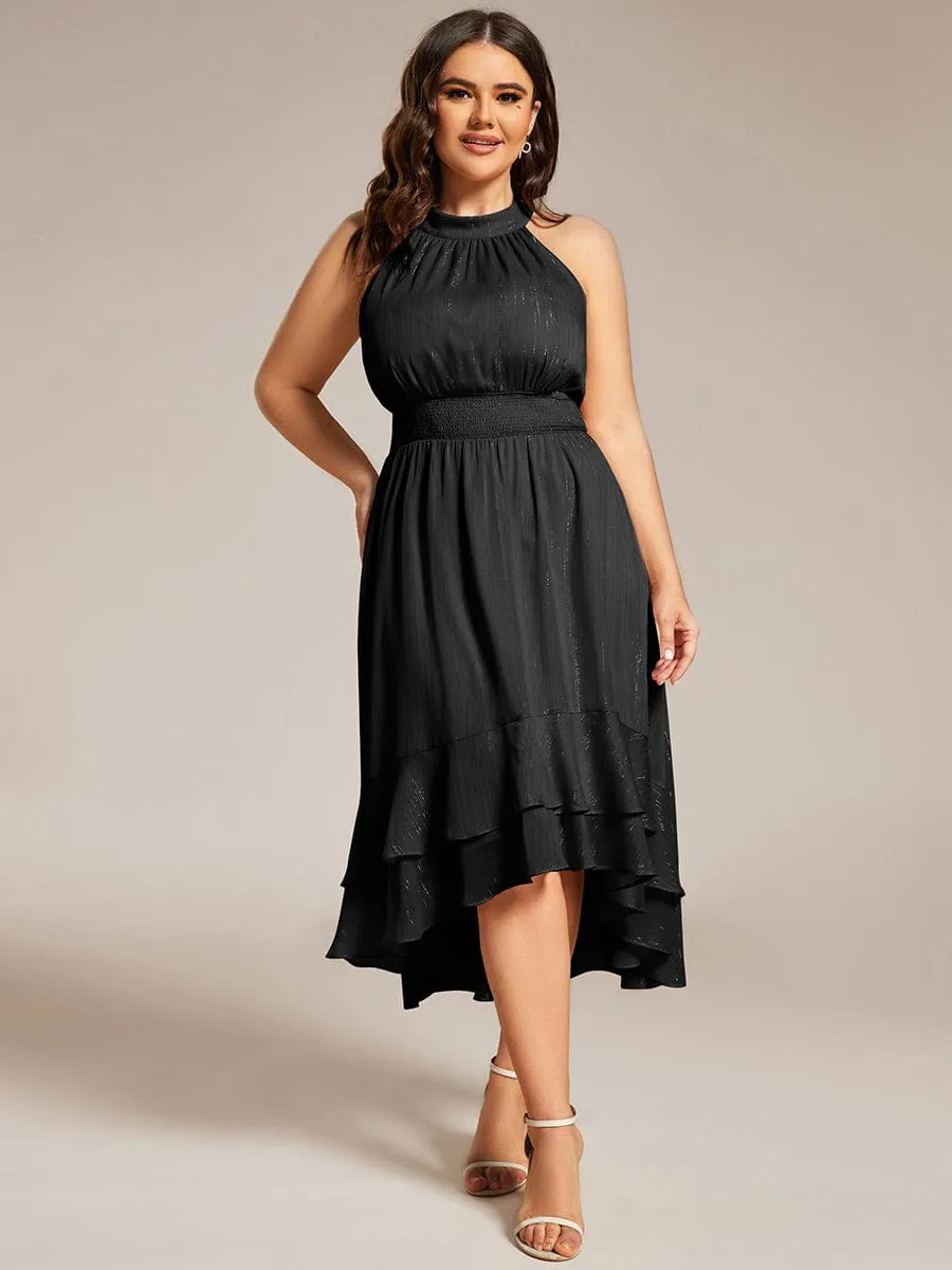 Plus Size Glittery Sleeveless Halter Neck Midi Wedding Guest Dress