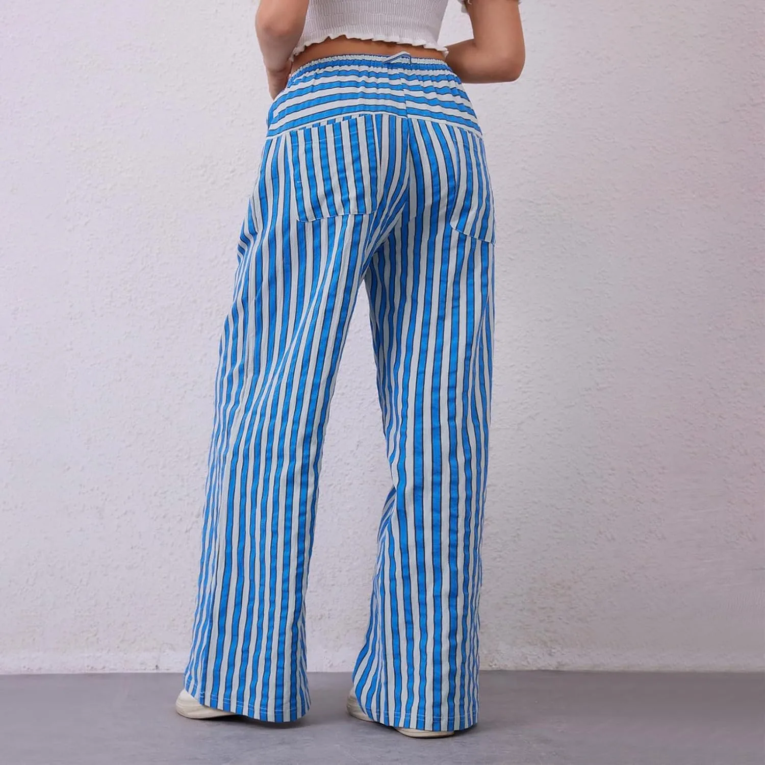 Striped Pants Women Drawstring Elastic Waist Wide Leg Pants Casual Vintage Straight Leg Trousers with Pockets