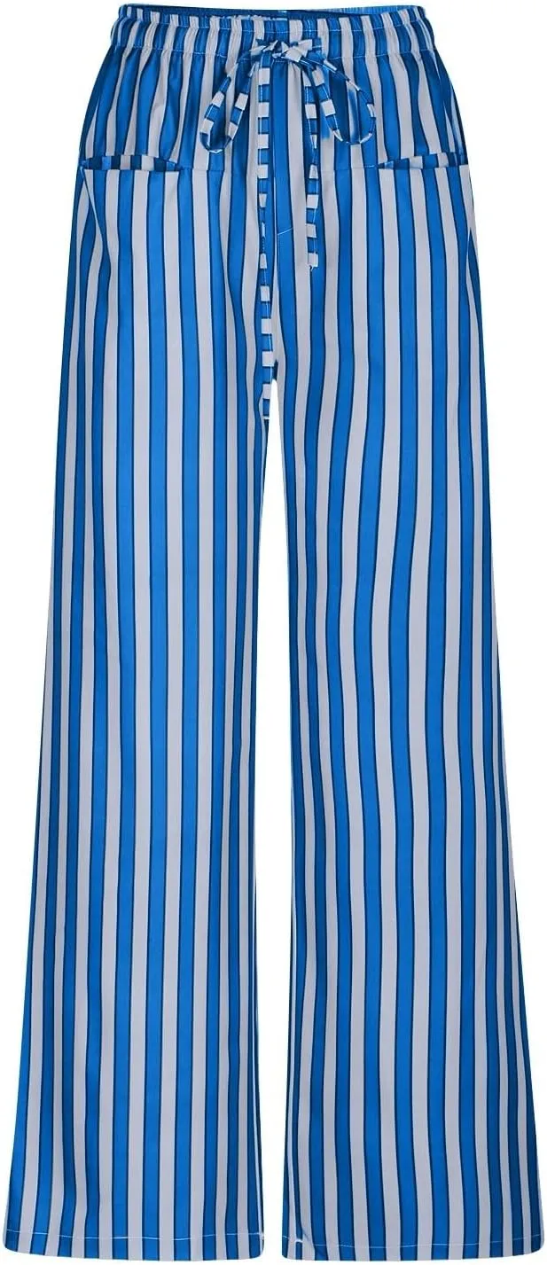 Striped Pants Women Drawstring Elastic Waist Wide Leg Pants Casual Vintage Straight Leg Trousers with Pockets