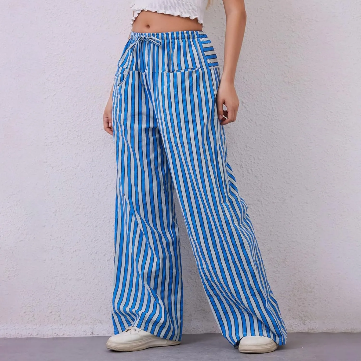 Striped Pants Women Drawstring Elastic Waist Wide Leg Pants Casual Vintage Straight Leg Trousers with Pockets
