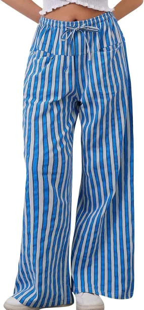 Striped Pants Women Drawstring Elastic Waist Wide Leg Pants Casual Vintage Straight Leg Trousers with Pockets