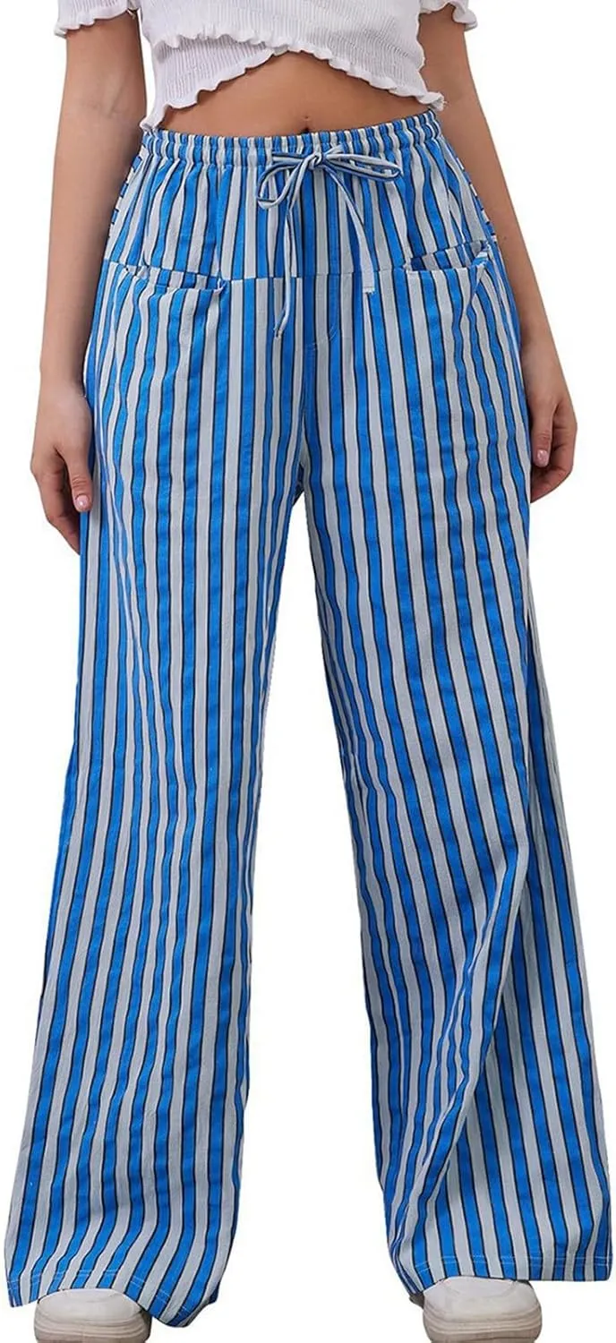 Striped Pants Women Drawstring Elastic Waist Wide Leg Pants Casual Vintage Straight Leg Trousers with Pockets