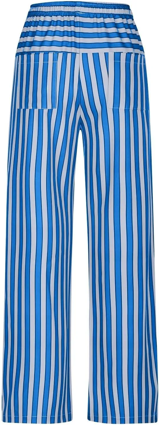 Striped Pants Women Drawstring Elastic Waist Wide Leg Pants Casual Vintage Straight Leg Trousers with Pockets