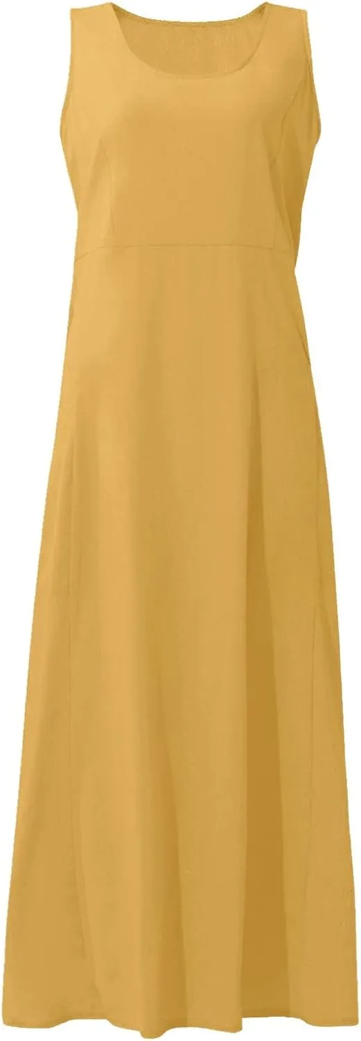 Summer Dress for Women 2025 Plus Size Sundress Floral Crewneck Sleeveless Dress Cotton Linen Beach Dress with Pockets