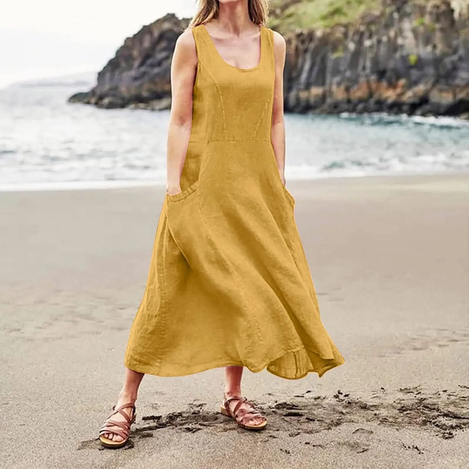 Summer Dress for Women 2025 Plus Size Sundress Floral Crewneck Sleeveless Dress Cotton Linen Beach Dress with Pockets