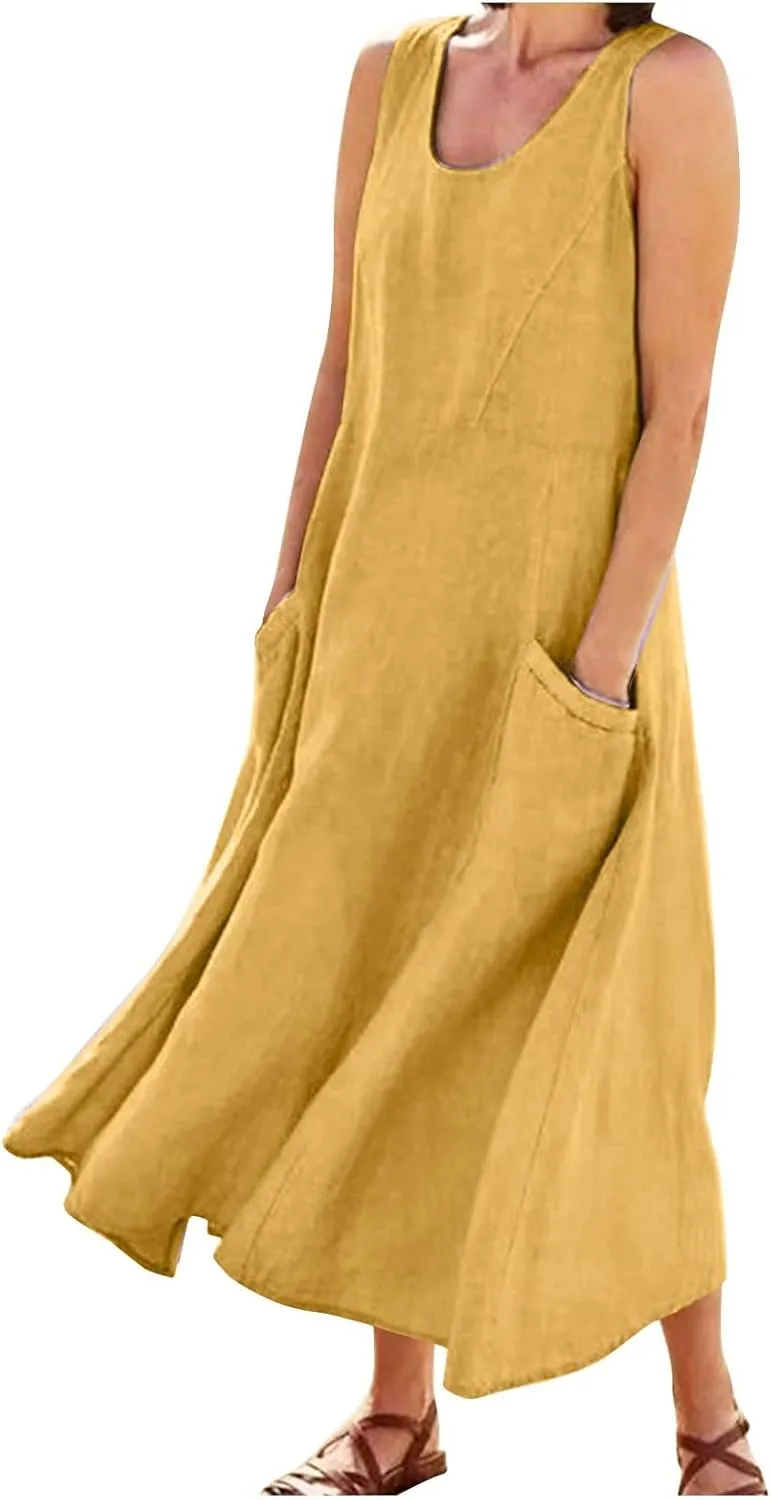 Summer Dress for Women 2025 Plus Size Sundress Floral Crewneck Sleeveless Dress Cotton Linen Beach Dress with Pockets