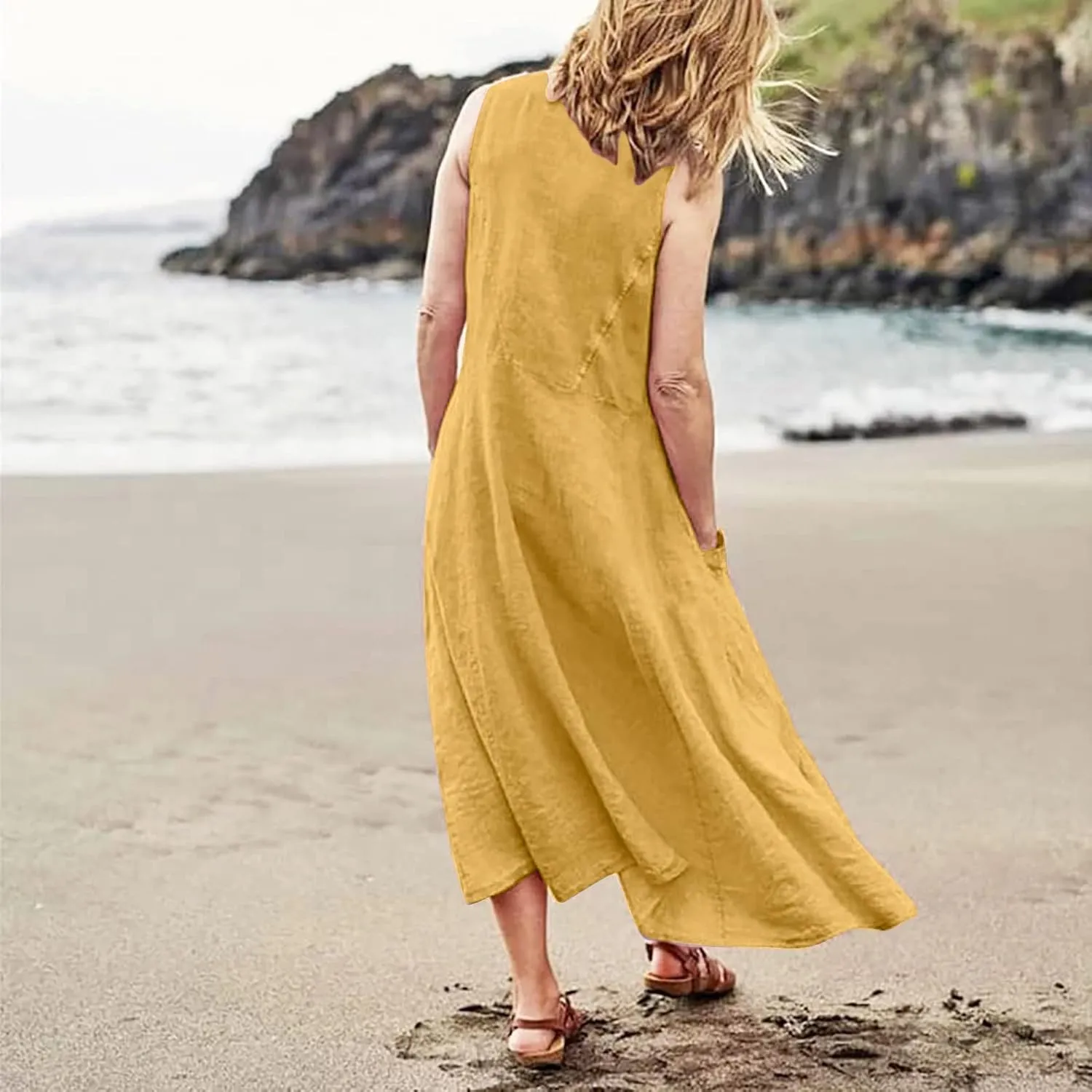 Summer Dress for Women 2025 Plus Size Sundress Floral Crewneck Sleeveless Dress Cotton Linen Beach Dress with Pockets