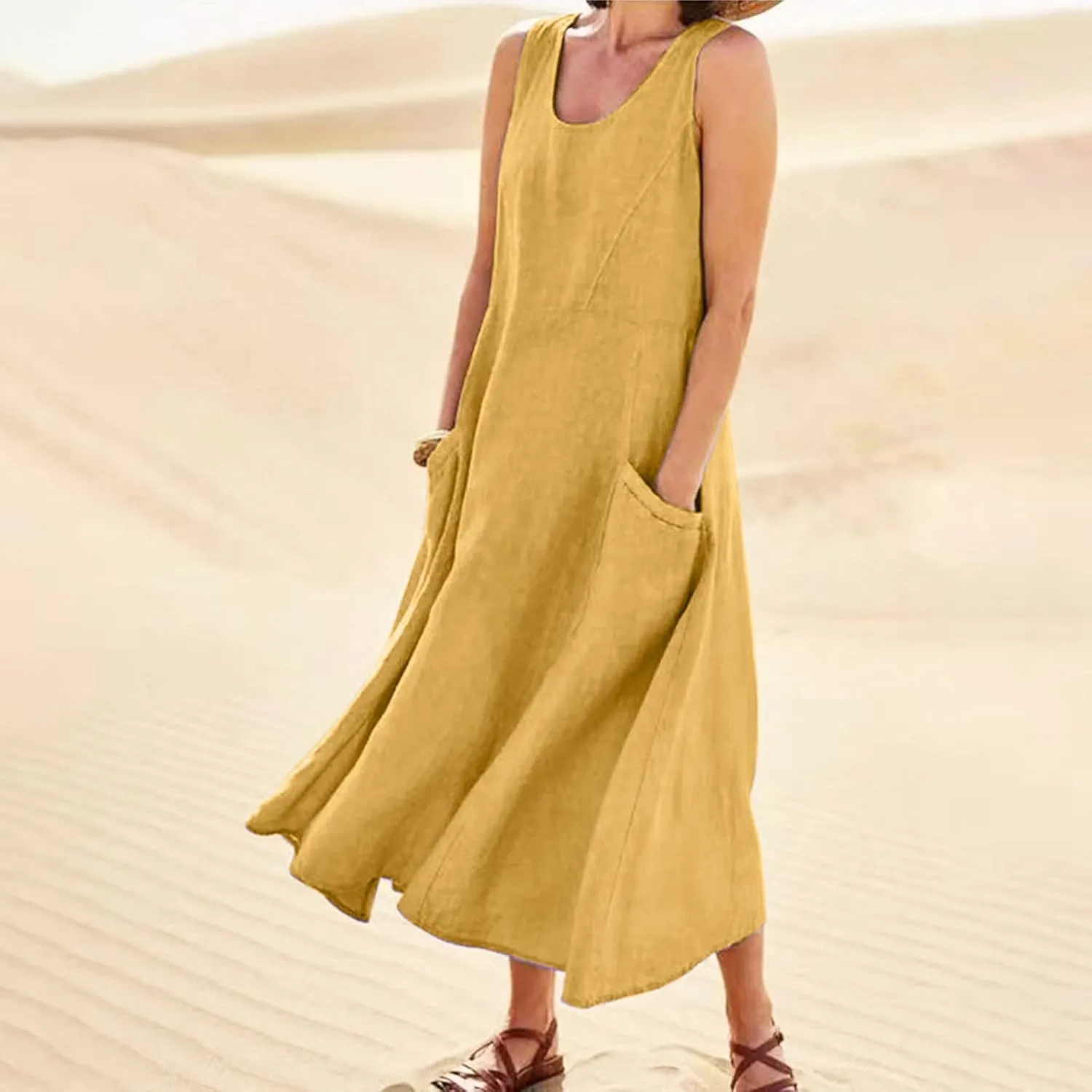 Summer Dress for Women 2025 Plus Size Sundress Floral Crewneck Sleeveless Dress Cotton Linen Beach Dress with Pockets