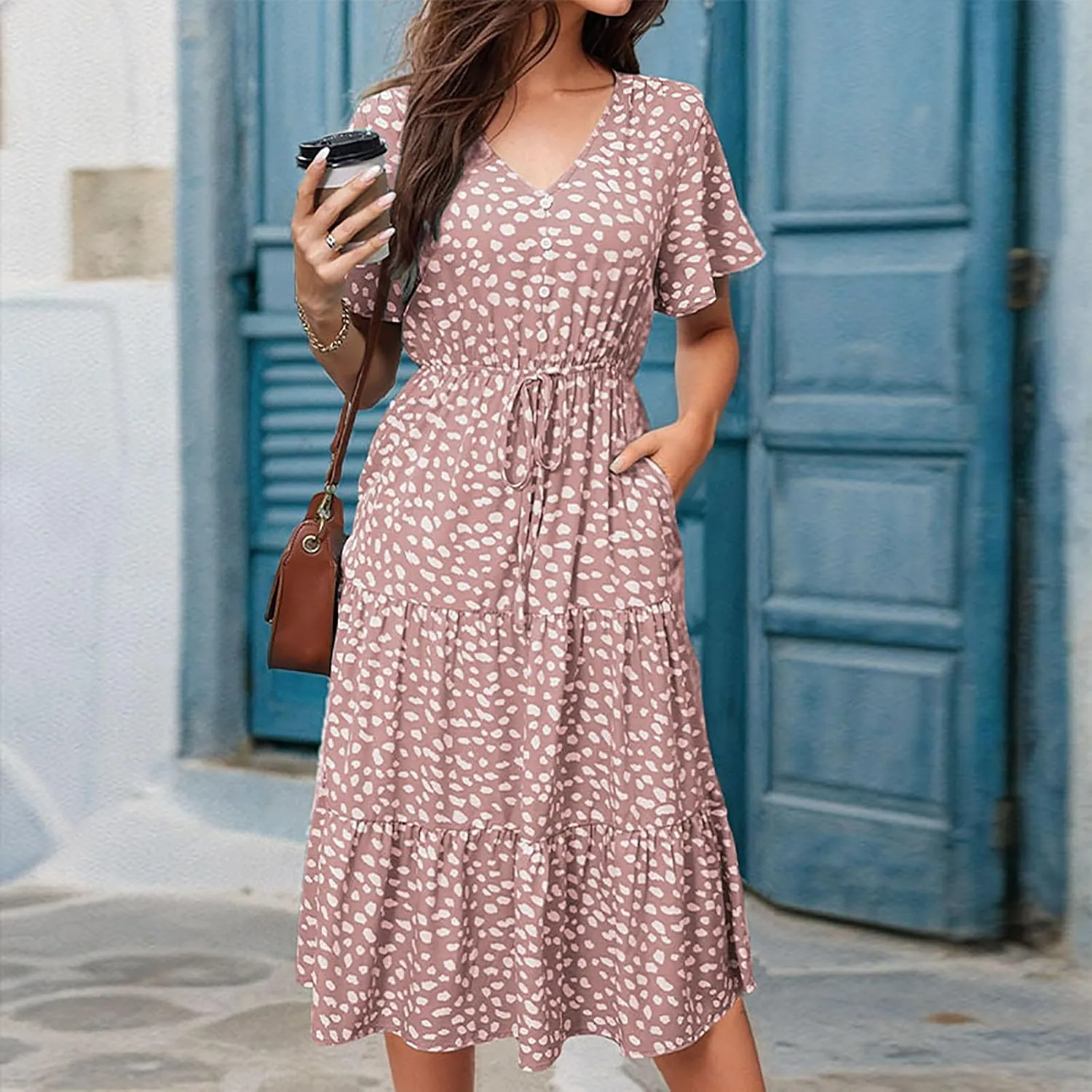 Sundresses for Women 2025 Floral Summer Short Sleeve Wrap Button V Neck A-Line Layered Midi Dress with Pockets